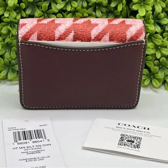 Coach Houndstooth Wallet on a Chain NWT Pink/Burgundy w Gold hardware